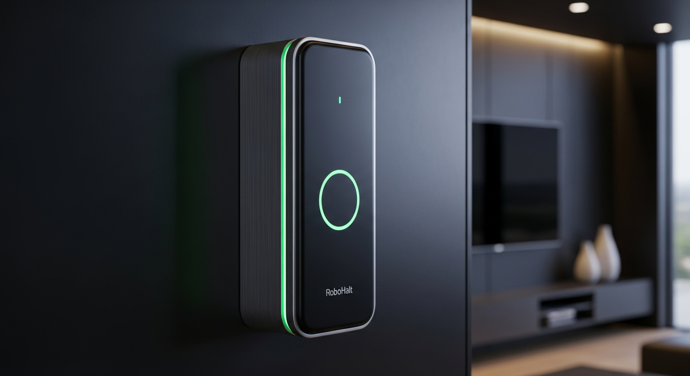 RoboHalt EMP guardian — wall-mounted GaN HPM safety device for neutralizing malfunctioning home robots